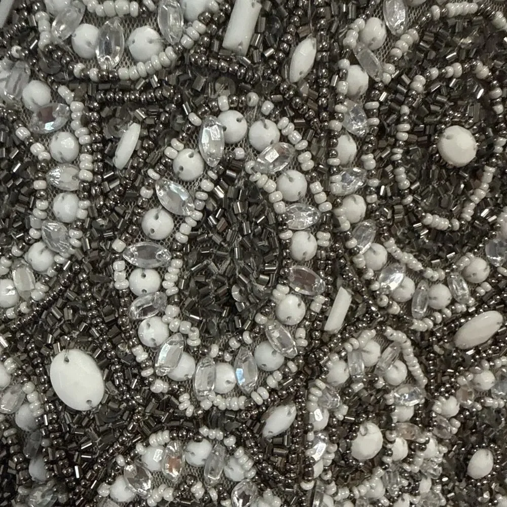 NWT Basix Black Label Fully Hand Beaded Sequin Dress Gown Gray White Size 14